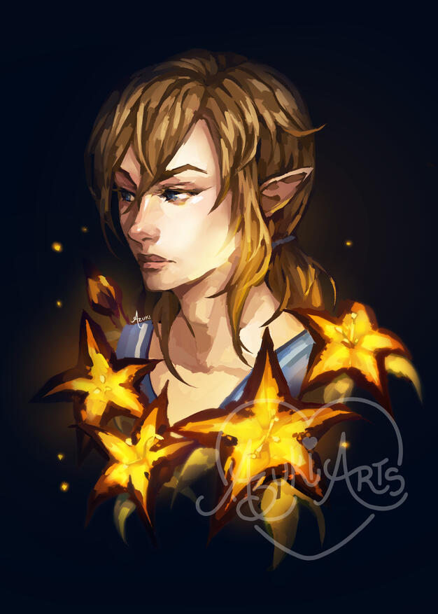Link fan art print by Azuki Arts, featuring a dreamy Link bust with sundelion flowers illuminating the scene. Inspired by The Legend of Zelda: Tears of the Kingdom. Vibrant gaming digital illustration available as a physical print and sticker.