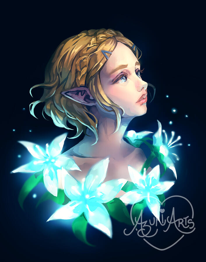 Princess Zelda fan art print by Azuki Arts, featuring a dreamy Zelda bust with silent princess flowers illuminating the scene. Inspired by The Legend of Zelda: Tears of the Kingdom. Vibrant gaming digital illustration available as a physical print and stic