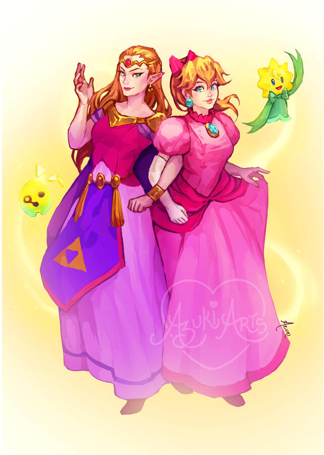 Princess Peach and Princess Zelda fan art print by Azuki Arts, featuring Peach and Zelda wearing their traditional dresses back-to-back. Vibrant gaming digital illustration available as a physical print and standee.