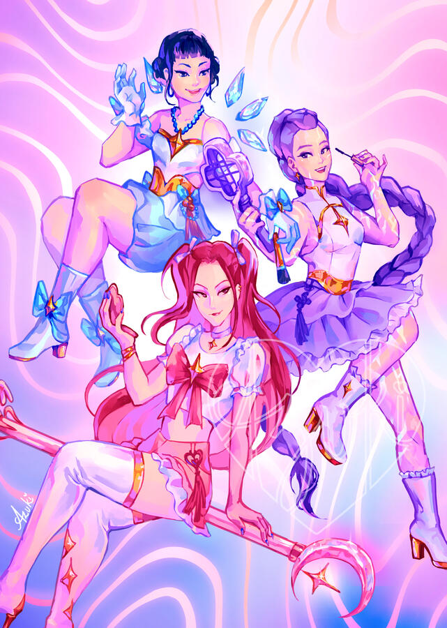 HUNTR/X (Huntrix) K-pop Demon Hunter digital fan art print in a 90s Fantasy Sailor Moon aesthetic by Azuki Arts. Stylized anime crossover illustration available for purchase.