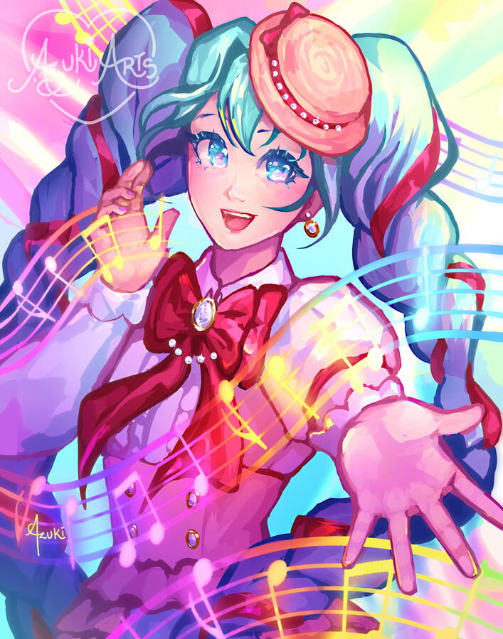 Singing Miku fan art print by Azuki Arts, featuring Miku sining in a cute vibrant idol dress. Vibrant anime vocaloid digital illustration available as a physical print.