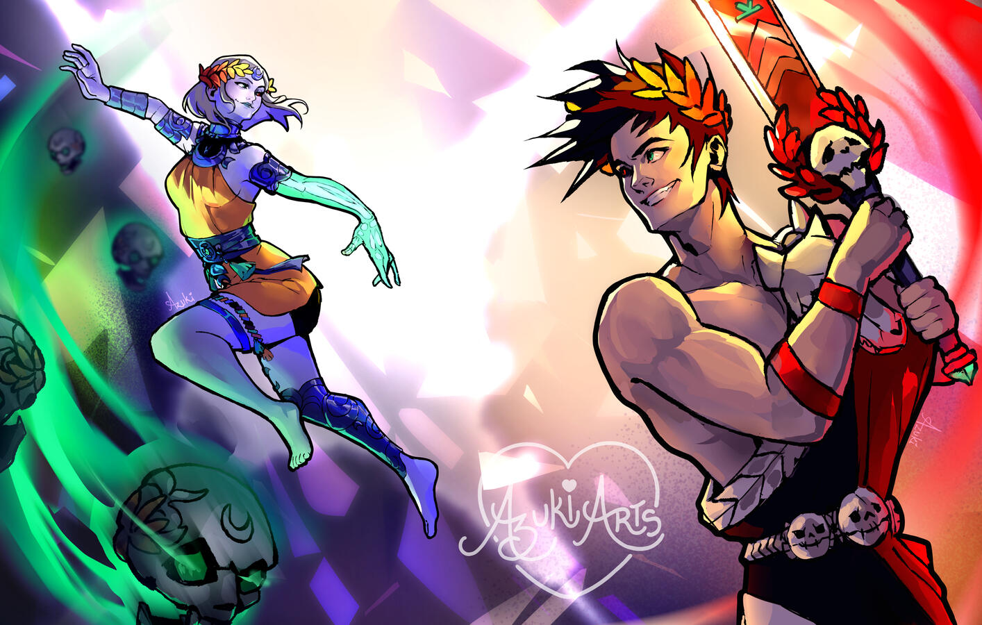 Hades and Melinoe fan art print by Azuki Arts featuring two of the Hades protagonists posing against each other. Stylized gaming illustration available as a physical print.