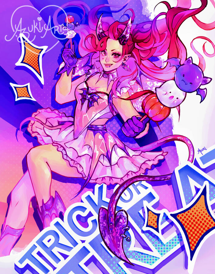 Original character in a Halloween theme by Azuki Arts. Stylized anime illustration available as a physical print.