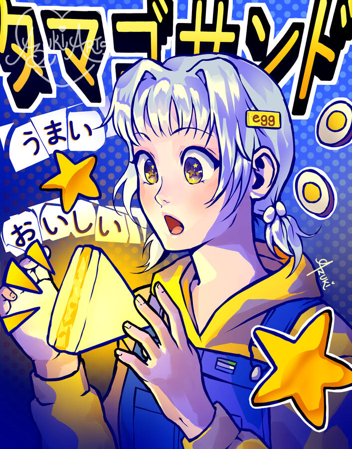 Original anime character by Azuki Arts featuring a girl's love of a Japanese egg sandwich. Stylized anime illustration available as a physical print.