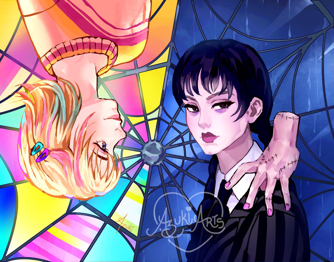 Addams Family fan art print by Azuki Arts featuring Enid Sinclair and Wednesday Addams in contrasting themes. Stylized illustration available as a physical print.