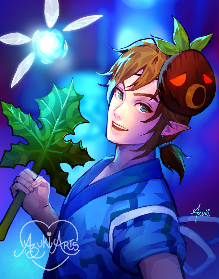 Yukata Link fan art print by Azuki Arts, featuring Link wearing a Deku mask holding a Deku leaf and accompanied with Navi. Vibrant gaming digital illustration available as a physical print.