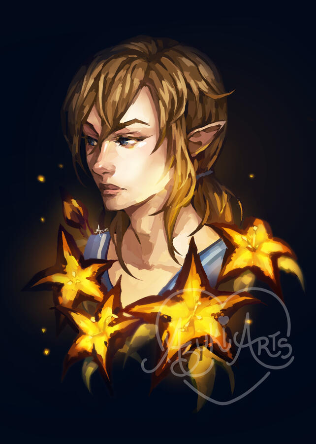 Link fan art print by Azuki Arts, featuring a dreamy Link bust with sundelion flowers illuminating the scene. Inspired by The Legend of Zelda: Tears of the Kingdom. Vibrant gaming digital illustration available as a physical print and sticker.