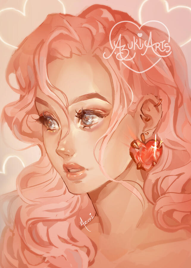 Original anime character by Azuki Arts featuring an elegant pink hair girl's portrait. Stylized illustration available as a physical print.