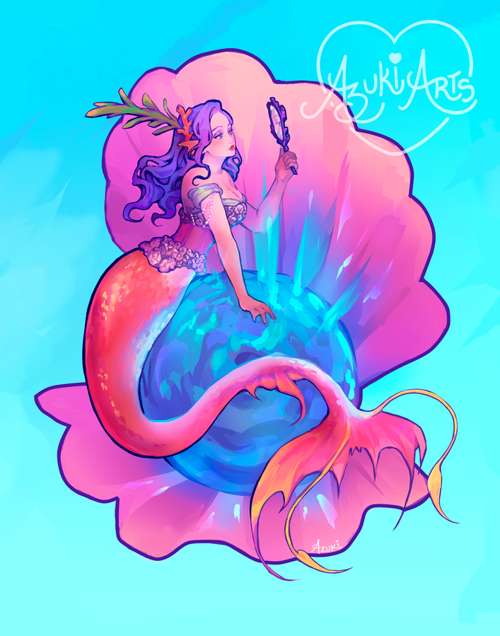 Mermaid girl art print by Azuki Arts, featuring an original character mermaid on a shellfish. Digital illustration available as a physical print and sticker.