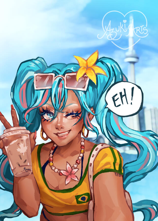 Brazilian Miku fan art print by Azuki Arts, featuring Miku with bubble tea at the CN Tower in Toronto. Vibrant anime vocaloid digital illustration available as a physical print.