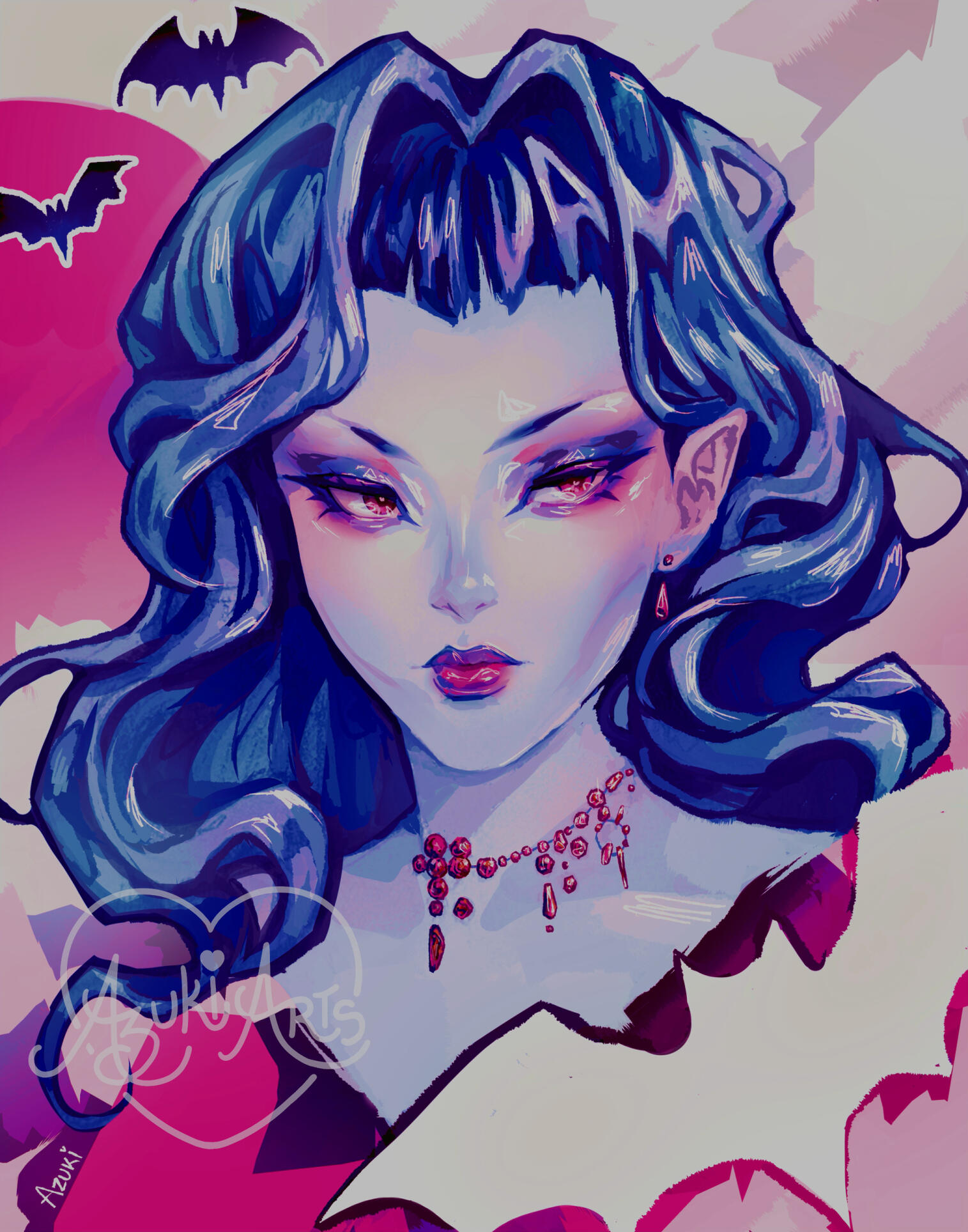 Original character Vamp by Azuki Arts featuring Vamp, bats, and clouds. Stylized illustration available as a physical print.